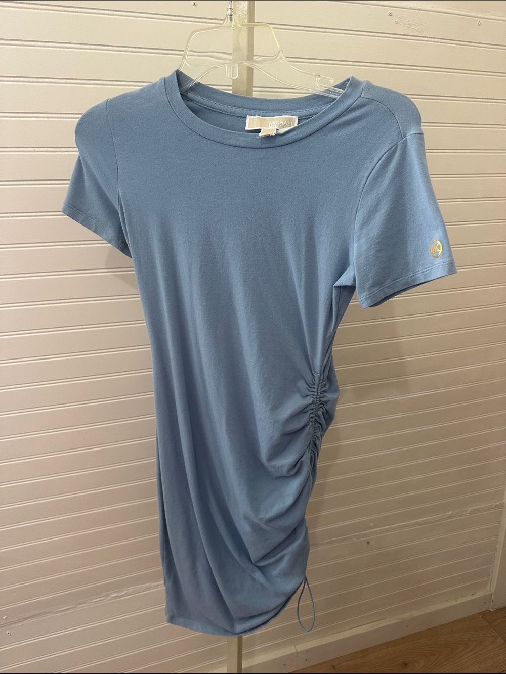 Michael Kors Dusty Blue Side-Ruched Midi T-Shirt Dress XS